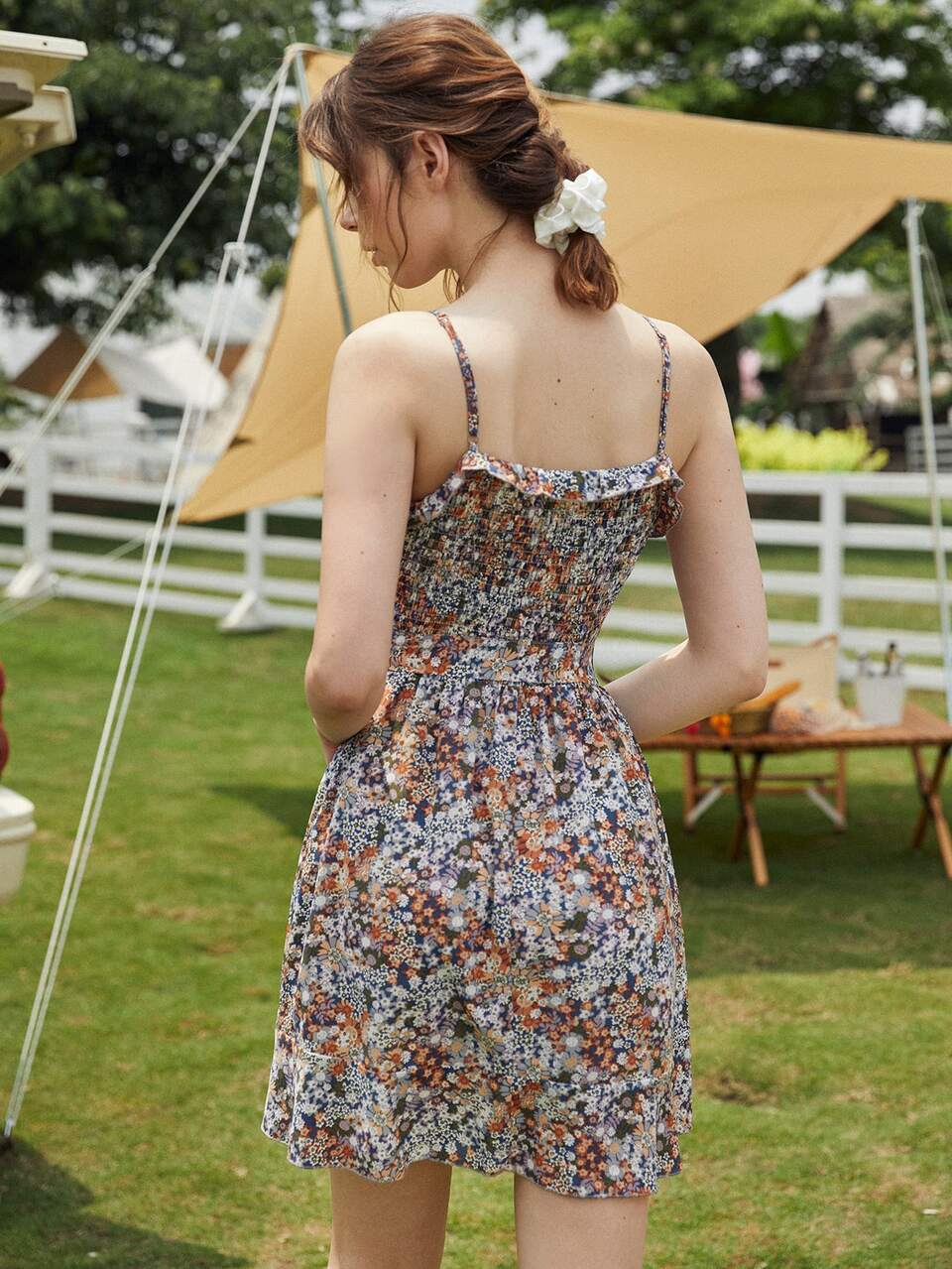 Ruffle Trim Shirred Bodice Self Belted Cami Dress