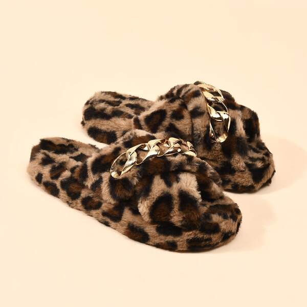 

Chain Decor Leopard Graphic Slippers, Brown