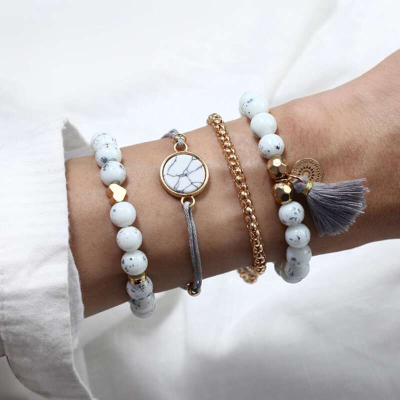 

4pcs Beaded & Rope Bracelet, White