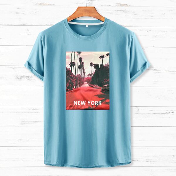

Men Letter & Street View Print Tee, Cadet blue