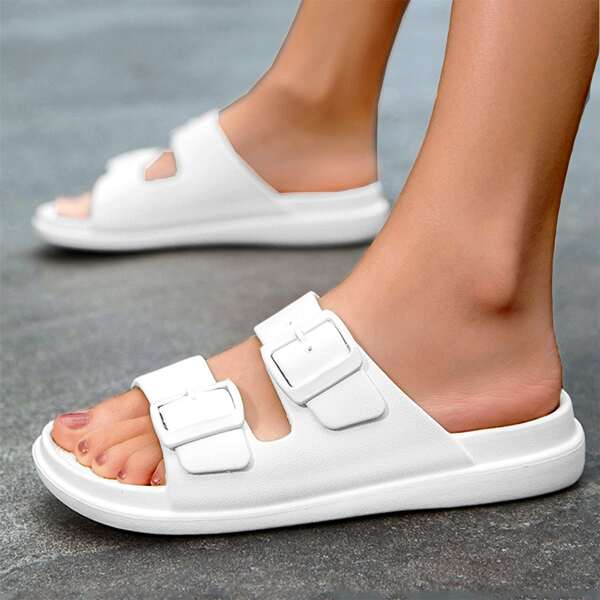 

Minimalist Buckle Decor Slide Sandals, White