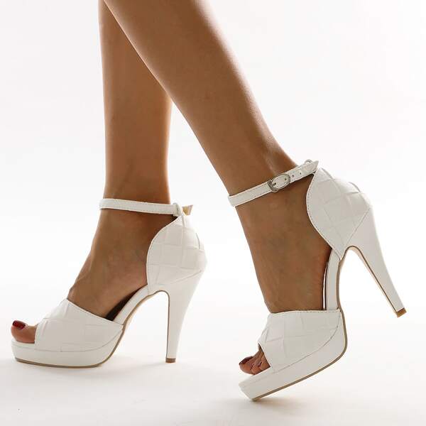 

Woven Pattern Ankle Strap Stiletto Heeled Sandals, White