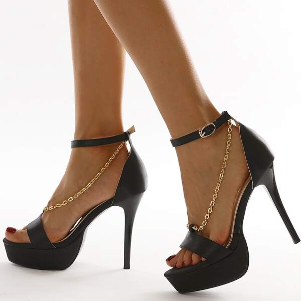 

Chain Decor Stiletto Heeled Sandals, Black