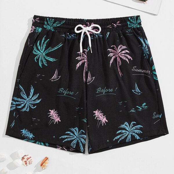 

Men Tropical Print Drawstring Waist Swim Trunks, Black