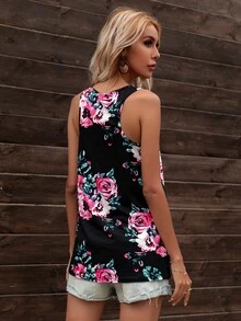 DEARCASE Scoop Neck Floral Print Tank Top - Black - View 2