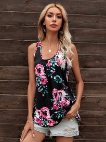 DEARCASE Scoop Neck Floral Print Tank Top - Black - View 4
