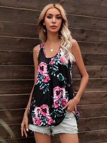 DEARCASE Scoop Neck Floral Print Tank Top - Black - View 5