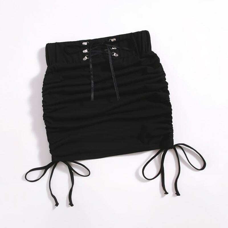

Solid Drawstring Lace Up Skirt, Black