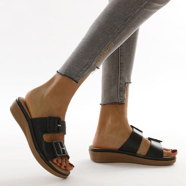 

Buckle Decor Flatform Mules, Black