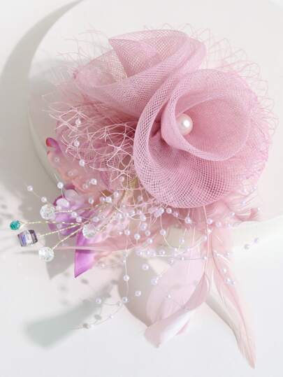 1pc Pink Pearl Crystal Flower Brooch Hair Clip Hat Clip Suitable For Wedding, Holiday Party Dress Matching