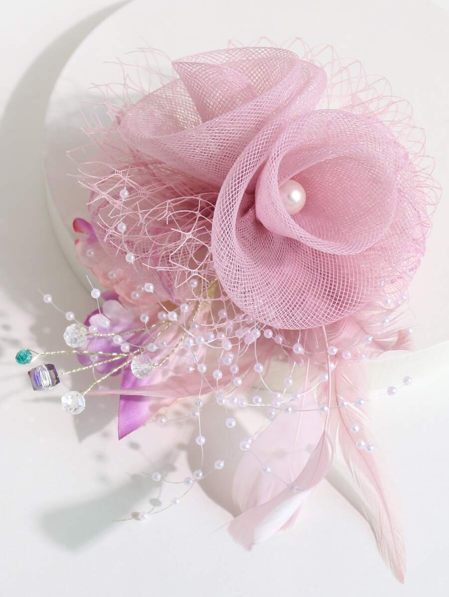 1 Pieza Broche Con Clip Para El Cabello En Forma De Perla Rosa, Cristal, Pluma Y Flor Para Niñas, Adecuado Para -al-adha - Rosa - Ver 1