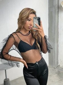 Ruched Sleeve Mesh Sheer Top Without Bra - Black - View 1