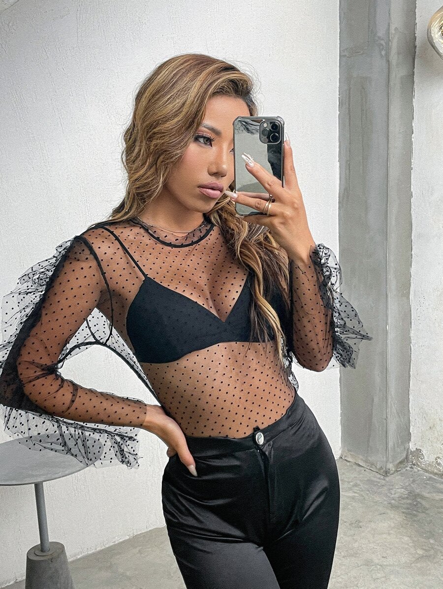 Ruched Sleeve Mesh Sheer Top Without Bra - Black - View 1