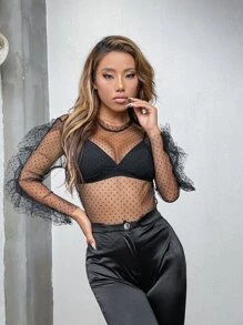 Ruched Sleeve Mesh Sheer Top Without Bra - Black - View 4