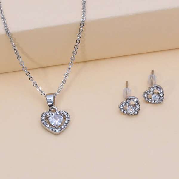 

3pcs Rhinestone Heart Detail Jewelry Set, Silver