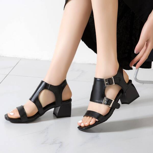 

Minimalist Buckle Decor Cut Out Sandals, Black