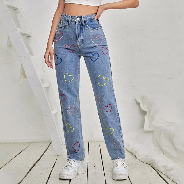 

Heart Print Raw Hem Straight Leg Jeans, Medium wash
