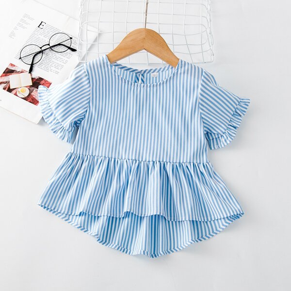 

Toddler Girls Striped Flounce Sleeve Peplum Blouse, Blue and white