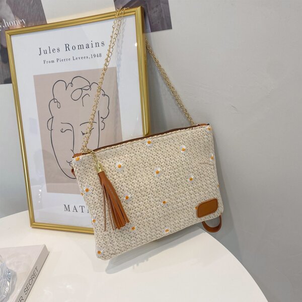 

Tassel Decor Chain Straw Bag, Beige