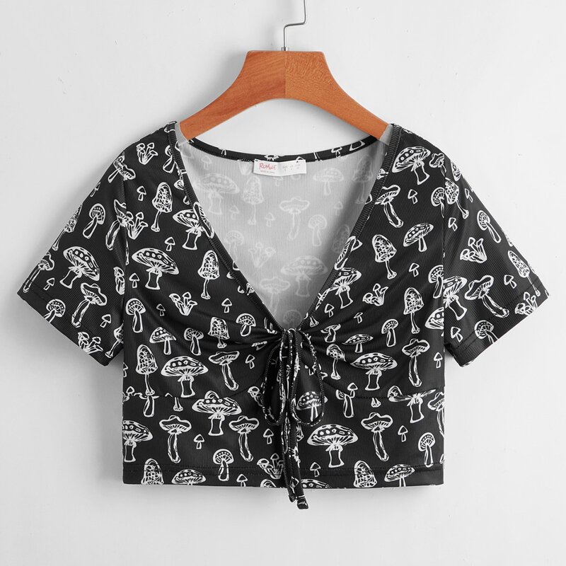 

Mushroom Print Knot Ribbed Tee, Black
