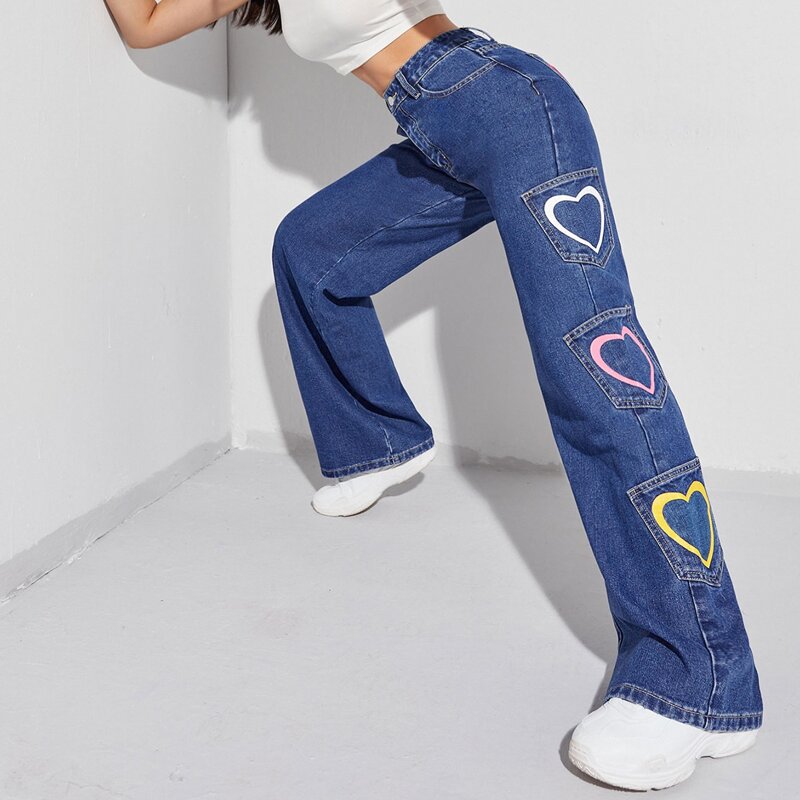

Heart Print Pocket Patched Wide Leg Jeans, Medium wash