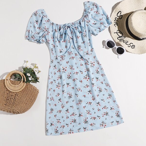 

Allover Floral Print Puff Sleeve Tie Front Dress, Baby blue