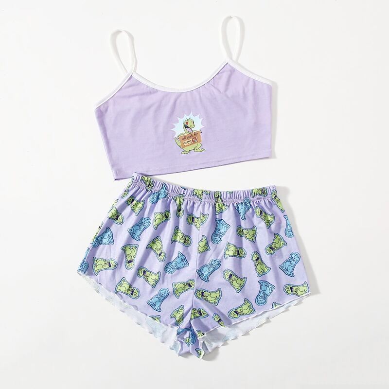 

Cartoon Graphic Ringer Pajama Set, Multicolor
