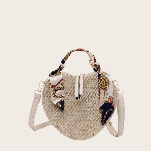 

Twilly Scarf Decor Heart Design Straw Bag, Beige