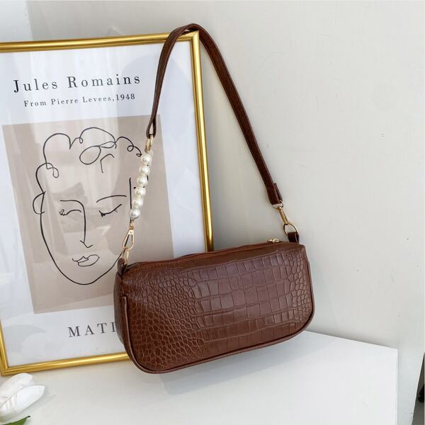 

Croc Embossed Baguette Bag, Coffee brown