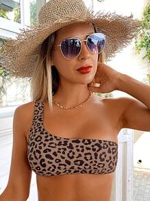 SHEIN Swim Summer Beach Leopard Print One Shoulder Bikini Top - Multicolor - View 1