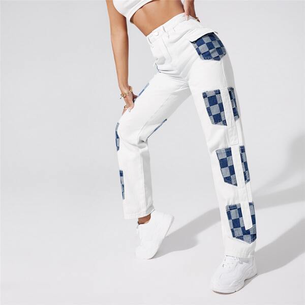 

Checker Print Pocket Side Jeans, White