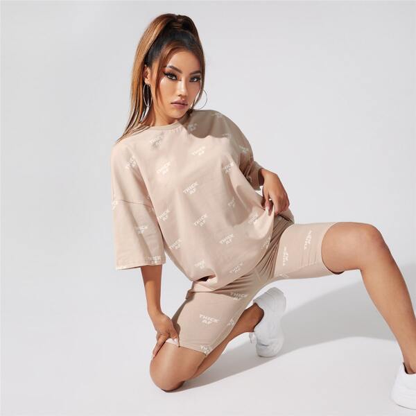 

Drop Shoulder Allover Letter Graphic Tee, Apricot