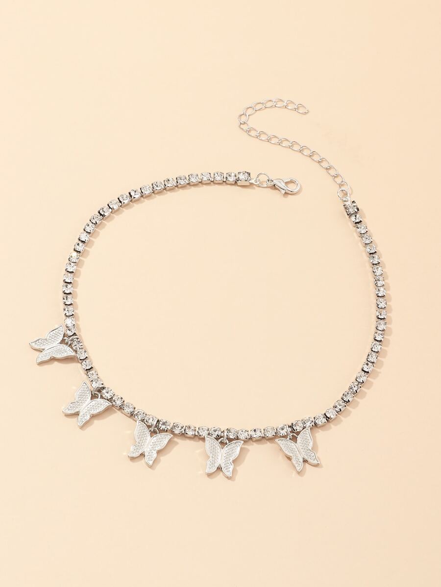 Collar con diamante de imitación con mariposa - Plateado - Ver 1