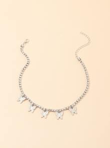 Collar con diamante de imitación con mariposa - Plateado - Ver 3