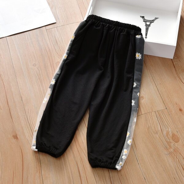 

Toddler Girls Floral Contrast Mesh Sweatpants, Black
