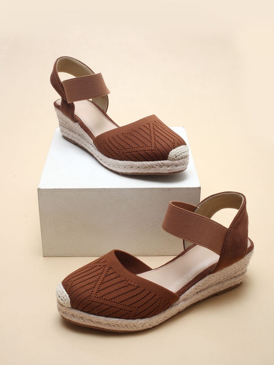 Knit Elastic Strap Espadrille Wedges - Brown - View 1