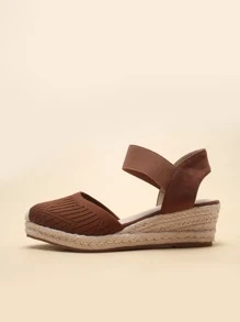 Knit Elastic Strap Espadrille Wedges - Brown - View 2