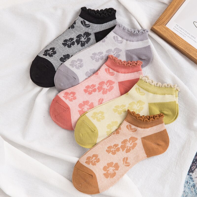 

5pairs Flower Pattern Ankle Socks, Multicolor