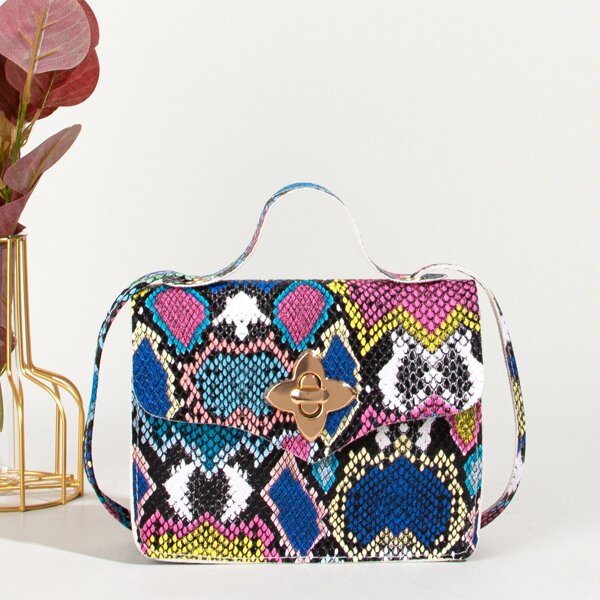 

Snakeskin Print Twist Lock Satchel Bag, Multicolor