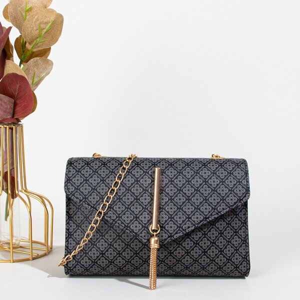 

Metal Tassel Decor Floral Graphic Flap Chain Bag, Dark grey