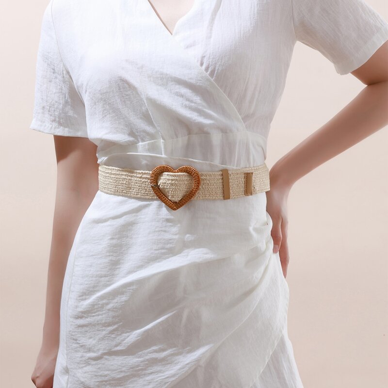 

Heart Buckle Woven Belt, Beige
