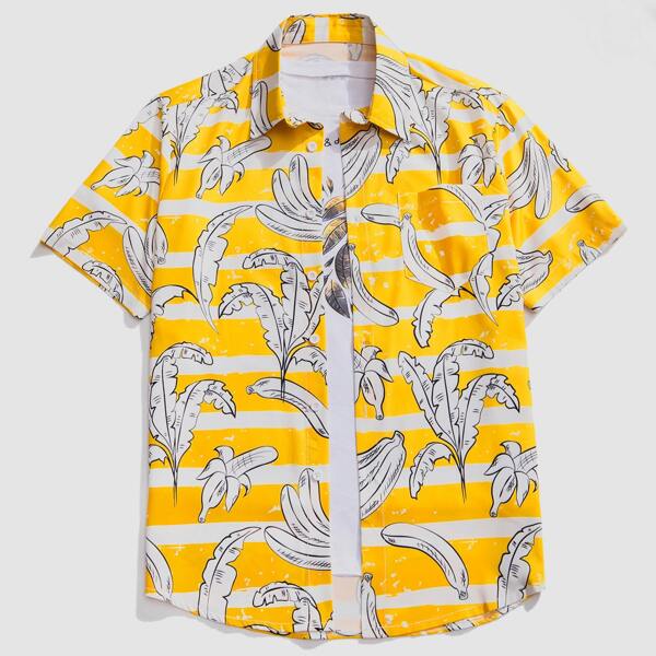 

Men 1pc Color Block Plants Print Shirt, Yellow