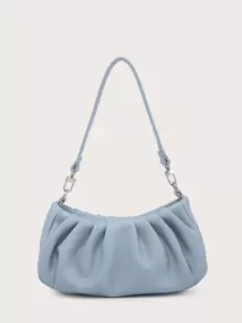 Bolso de hombro único para mujer, bolso baguette, PU arrugado, decoración versátil con cadena frontal, simple y adecuado para ir al trabajo, usado para salidas de compras. - Azul - Ver 1