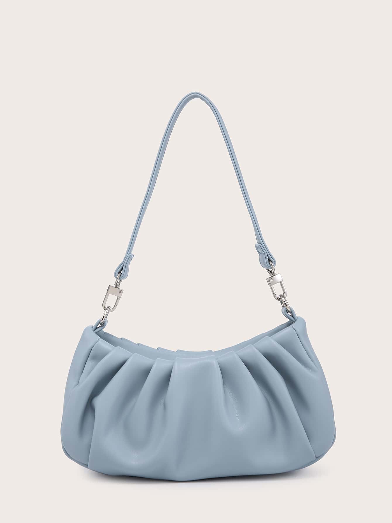 Bolso de hombro único para mujer, bolso baguette, PU arrugado, decoración versátil con cadena frontal, simple y adecuado para ir al trabajo, usado para salidas de compras. - Azul - Ver 1