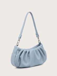 Bolso de hombro único para mujer, bolso baguette, PU arrugado, decoración versátil con cadena frontal, simple y adecuado para ir al trabajo, usado para salidas de compras. - Azul - Ver 2