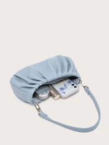 Bolso de hombro único para mujer, bolso baguette, PU arrugado, decoración versátil con cadena frontal, simple y adecuado para ir al trabajo, usado para salidas de compras. - Azul - Ver 4