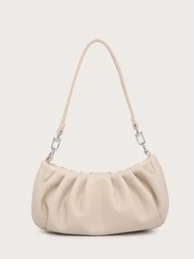 Bolso de hombro único para mujer, bolso baguette, PU arrugado, decoración versátil con cadena frontal, simple y adecuado para ir al trabajo, útil para salidas de compras. - Beis - Ver 1