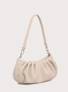 Bolso de hombro único para mujer, bolso baguette, PU arrugado, decoración versátil con cadena frontal, simple y adecuado para ir al trabajo, útil para salidas de compras. - Beis - Ver 2