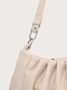 Bolso de hombro único para mujer, bolso baguette, PU arrugado, decoración versátil con cadena frontal, simple y adecuado para ir al trabajo, útil para salidas de compras. - Beis - Ver 4