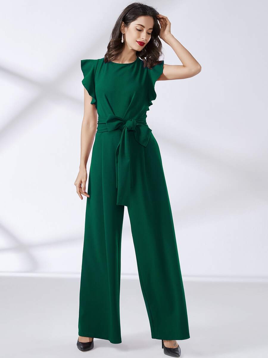 MIUSOL Jumpsuit de pierna ancha ribete con fruncido con cinturón - Verde Oscuro - Ver 1